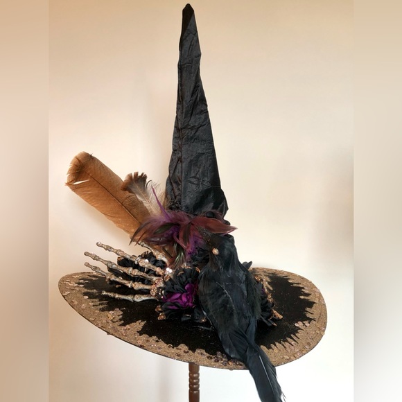 Witch hat Black Lavender feathers Natural. pleated19" Tall Crown 19" wide. - Picture 14 of 15